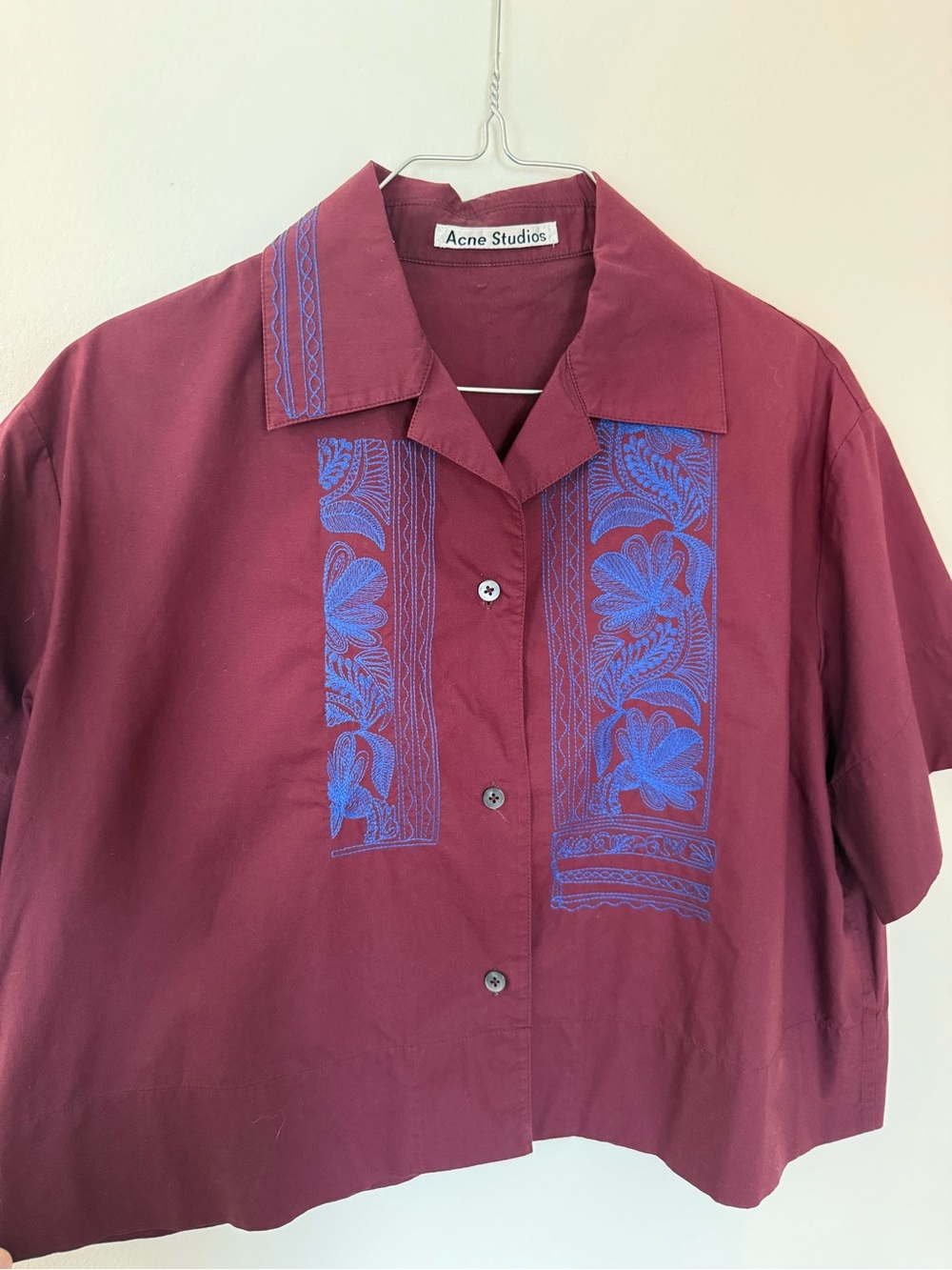 Acne Studios maroon short-sleeve shirt with blue embroidery